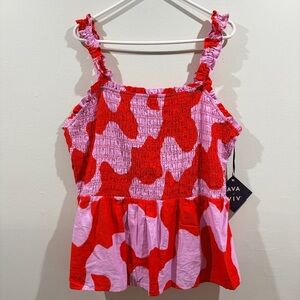 Ava & Viv Red Pink Smocked Peplum Tank Top NWT 1X Summer Trendy Cottagecore